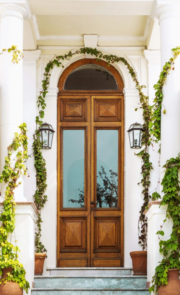 Brown Wooden Door With Green Plants